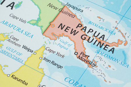 Macro photo Gulf of Papua region with country borders and most important citiesの写真素材