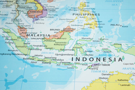 Macro photo of Indonesia political map with country borders and most important citiesの写真素材