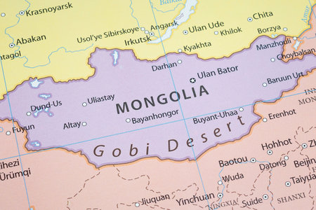 Close up to Mongolia political map with country borders and most important citiesの写真素材