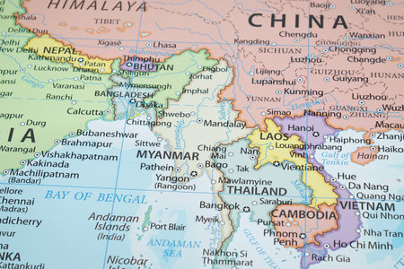 Close up to Myanmar political map with country borders and most important citiesの写真素材
