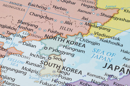 Close up to North Korea political map with country borders and most important citiesの写真素材