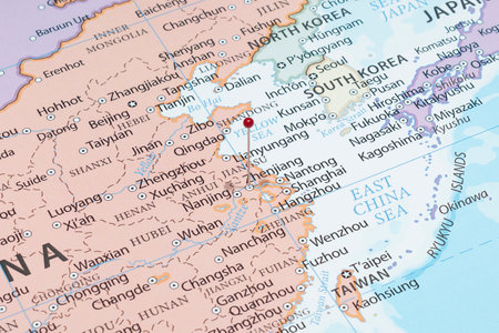 Close up to a Winnipeg with a White pin needle into Canada country political mapの写真素材