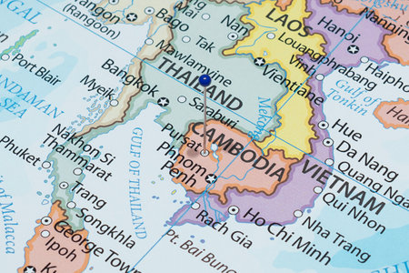 Close up to a Pursat city with a blue pin needle into Cambodia country political mapの写真素材