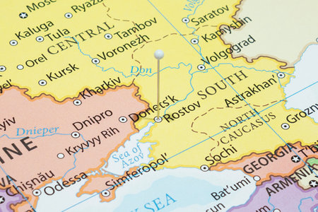 Close up to a Rostov city with a white pin needle into Russia country political mapの写真素材