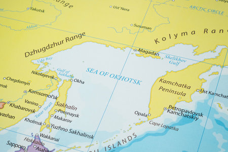 Close up to a Sea of Okhotsk region in asian russia near to japan with countries borders and most important citiesの写真素材