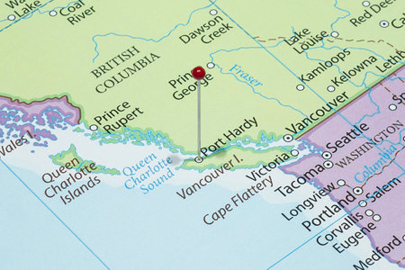 Close up to a Port Hardy city with a red pin needle into Canada country political mapの写真素材