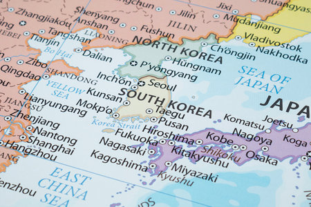 Close up to a South Korea political map with country borders and most important citiesの写真素材