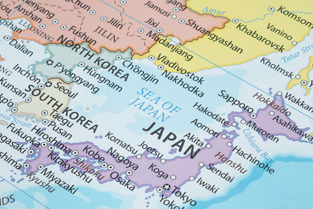 Close up to a Sea of Japan region in asian with countries borders and most important citiesの写真素材