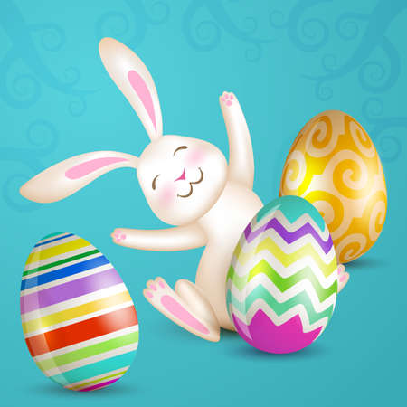 Happy Easter. Easter eggs and white sitting bunny. Vector.のイラスト素材
