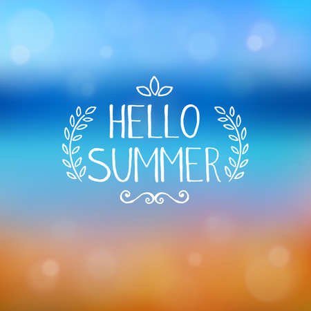 Hello summer, unique handwriting. Summer background, beach and sea. Blurring background, reflections, bokeh. Vector.のイラスト素材