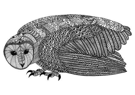 The barn owl. A4 size. Pattern for adult coloring book. Hand drawn design with ethnic, doodle and zentangle elements. Vector.のイラスト素材