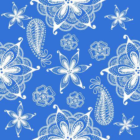 Seamless indian pattern on a blue background. Hand drawn doodles. Vector.のイラスト素材