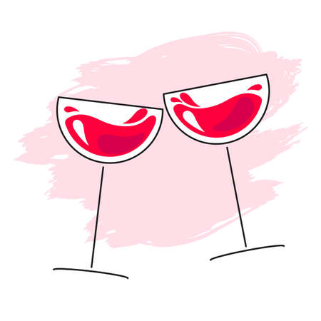 Drink alcohol beverage. Vector icon set. Simple line design. Red wine glass grande. Two glass, toast, clink.のイラスト素材
