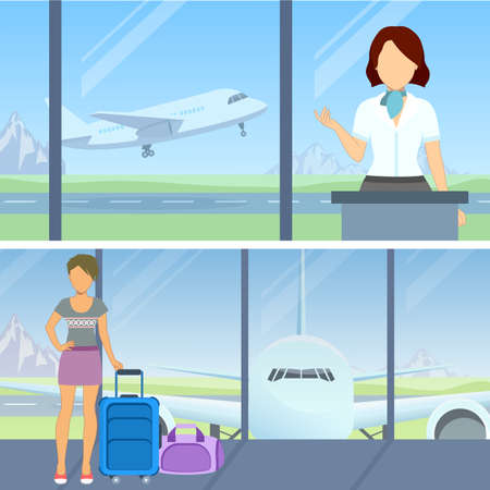 At the airport - flight boarding, waiting for departure. Vector.のイラスト素材