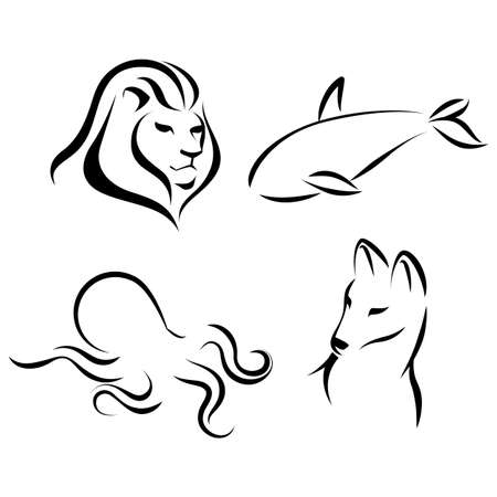 Animals, black lines, ink effect. Lion head, octopus, wolf, grampus logo icon design in mono line style. Dark on light background. Vector.のイラスト素材
