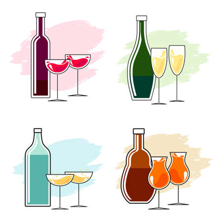 Set of alcoholic beverages and glasses. Simple line design. Bottle and two glasses, toast, clink. Vector.のイラスト素材