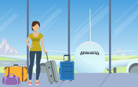 Tourist with luggage waiting for check-in at the airport. Vector.のイラスト素材