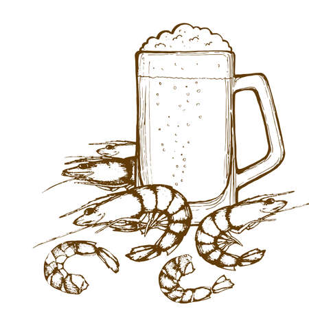 Beer glass and shrimps. Hand-drawing mug of beer and shrimps. Vector.のイラスト素材