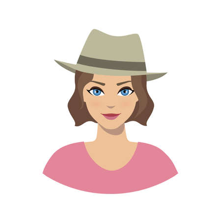 Avatar icon of girl in a fedora hat on a white background.のイラスト素材