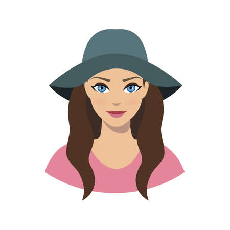 Avatar icon of girl in a wide brim felt hat on a white background.のイラスト素材