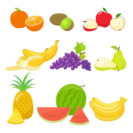 Set of colorful cartoon fruit icons isolated on white background.のイラスト素材