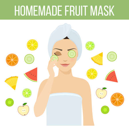 Girl applies natural homemade fruit mask on her face. Skin problems solution, home remedies.のイラスト素材