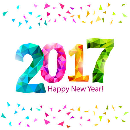 Happy New Year 2017 greeting card with colorful triangle shape multicolor confetti.のイラスト素材