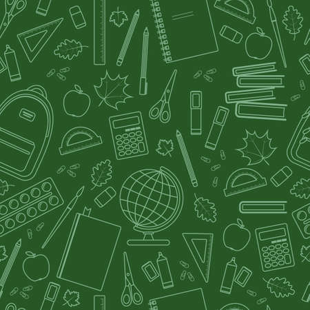 Seamless school pattern on green chalkboard. stock illustration.のイラスト素材