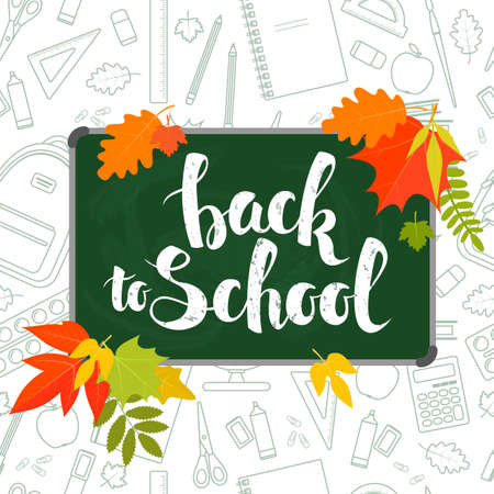 Back to school lettering on green blackboard and seamless pattern. stock illustration.のイラスト素材