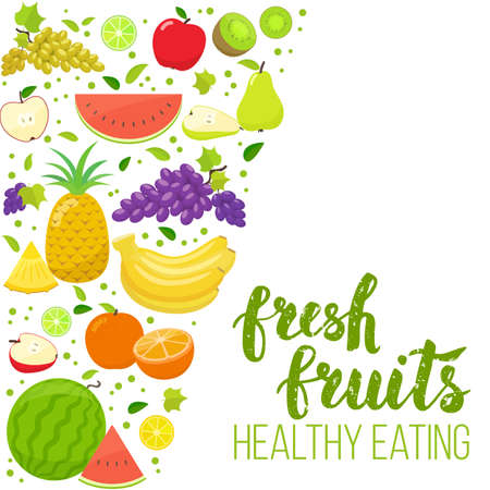 Side vertical border with colorful fruits. Template for packaging, cards, posters, menu. Handwritten lettering, organic food. Vector stock illustration.のイラスト素材