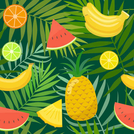 Seamless pattern of palm leaves and fruits. Vector stock illustration.のイラスト素材