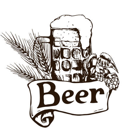 Glass of beer. Hand drawn vintage illustration. Vectorのイラスト素材