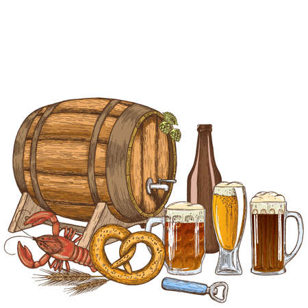 Set of beer glasses, bottle and snack, sketch vintage style. Vector stock illustration.のイラスト素材