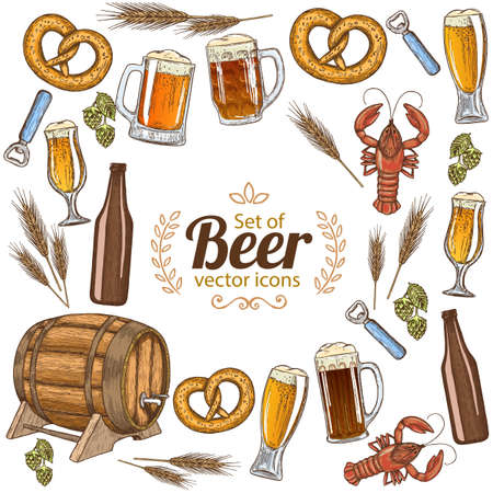 Round frame with colorful beer icons. Template for packaging, cards, posters, menu. Vector stock illustration.のイラスト素材