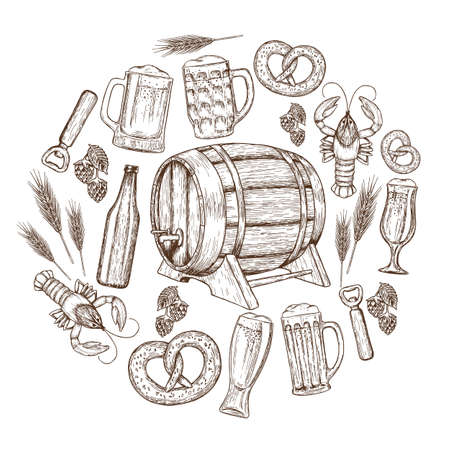 Set of sketch vintage beer icons in circle shape background. Template for packaging, cards, posters and drinks menu. Vector stock illustration.のイラスト素材