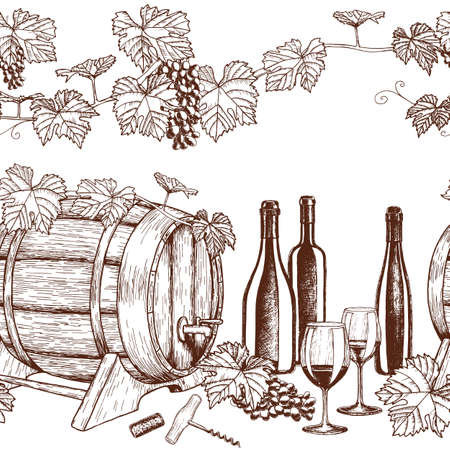 Seamless horizontal borders of sketch wine icons on a white background. stock illustration.のイラスト素材