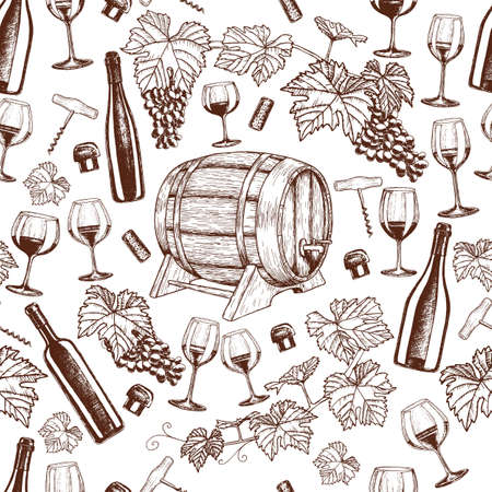Seamless pattern of sketch wine icons on a white background.  stock illustration.のイラスト素材