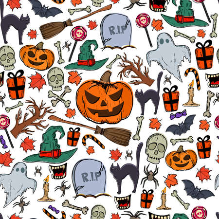 Seamless pattern of Halloween icons on a white background. Vector stock illustration.のイラスト素材