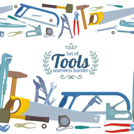 Seamless horizontal borders of repair tools  icons on a white background. stock illustration.のイラスト素材