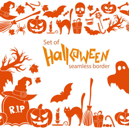 Seamless horizontal borders of Halloween icons on a white background. Vector stock illustration.のイラスト素材