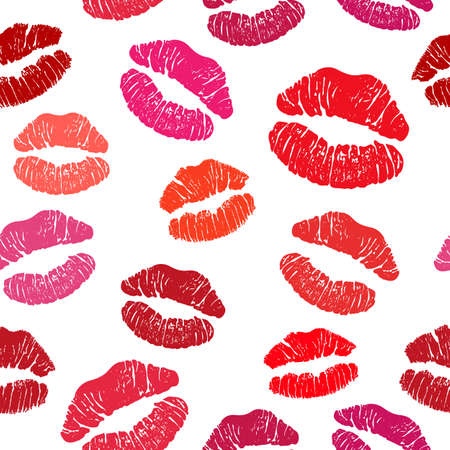 Red lipstick kiss seamless pattern, female lips on white background.Vector stock illustration.のイラスト素材