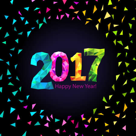 Happy New Year 2017 greeting card with colorful triangle shape multicolor confetti on black background. Vector.のイラスト素材