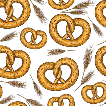 Seamless pattern of sketch pretzels for pub menu. Oktoberfest food, traditional beer snack. Vector.のイラスト素材