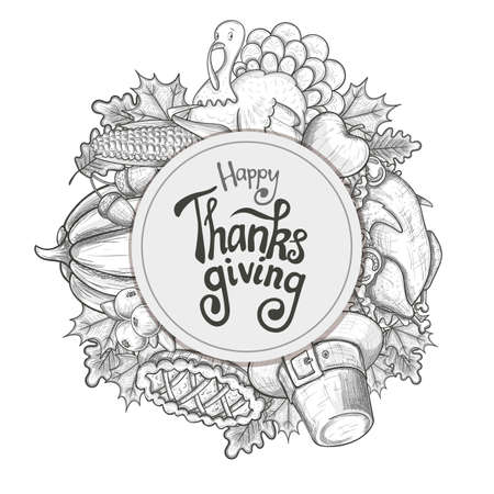 Circle shape template with Thanksgiving icons. Sketch style Thanksgiving day greeting card. Vintage Thanksgiving food, leaves and turkey. Thanksgiving Day drawing background for decoration. Vector.のイラスト素材