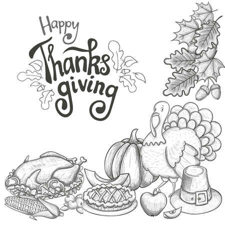 Corner frame with Thanksgiving icons. Sketch style Thanksgiving day greeting card. Vintage Thanksgiving food, leaves and turkey. Thanksgiving Day drawing background for decoration. Vector.のイラスト素材