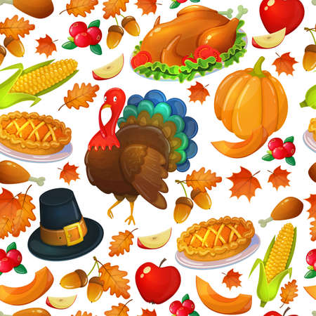 Seamless pattern of Thanksgiving icons. Colorful illustration of Thanksgiving day greeting card....