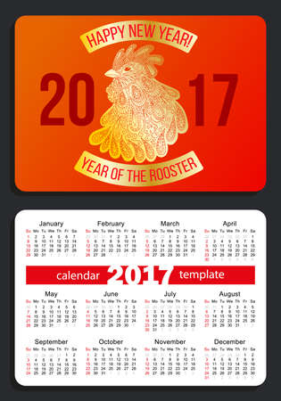 Sunday start pocket calendar 2017. Rooster - symbol of the year 2017. Vector.のイラスト素材