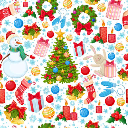 Seamless pattern of Christmas icons. Colorful cartoon Christmas illustration for decoration. Vector.のイラスト素材