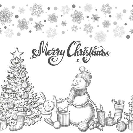 Seamless horizontal border with Christmas icons. Monochrome sketch style Christmas illustration for decoration. Vector.のイラスト素材