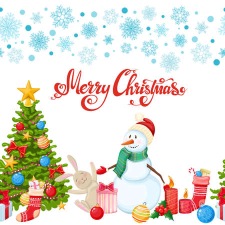 Seamless horizontal border with Christmas icons. Colorful sketch style Christmas illustration for decoration. Vector.のイラスト素材